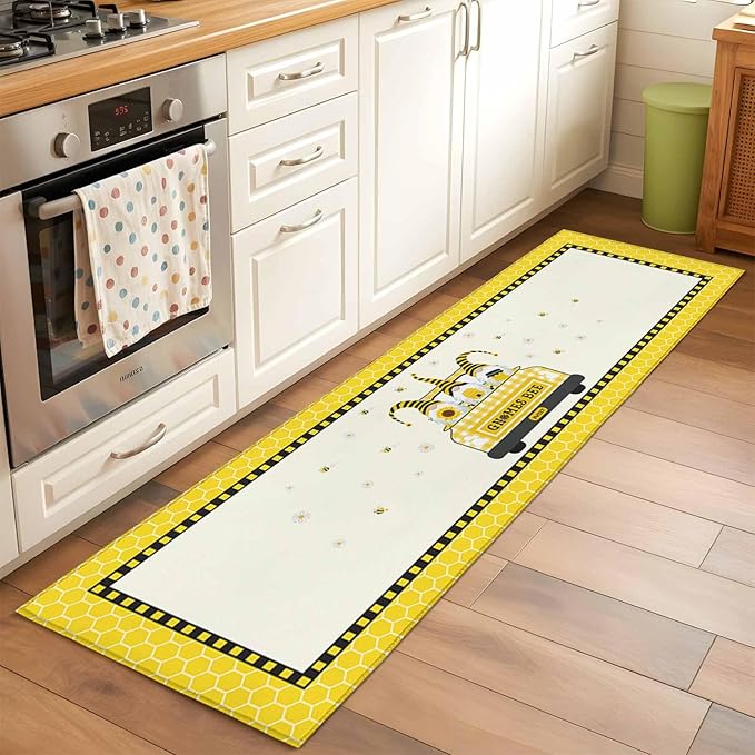 Honey Gnomes Runner Rug 2'x6', Bees Hive Sunflower Truck Hallway Runner Rugs Washable Non-Slip Bedside Floor Mats Carpet for Kitchen Bedroom Laundry Room Bathroom