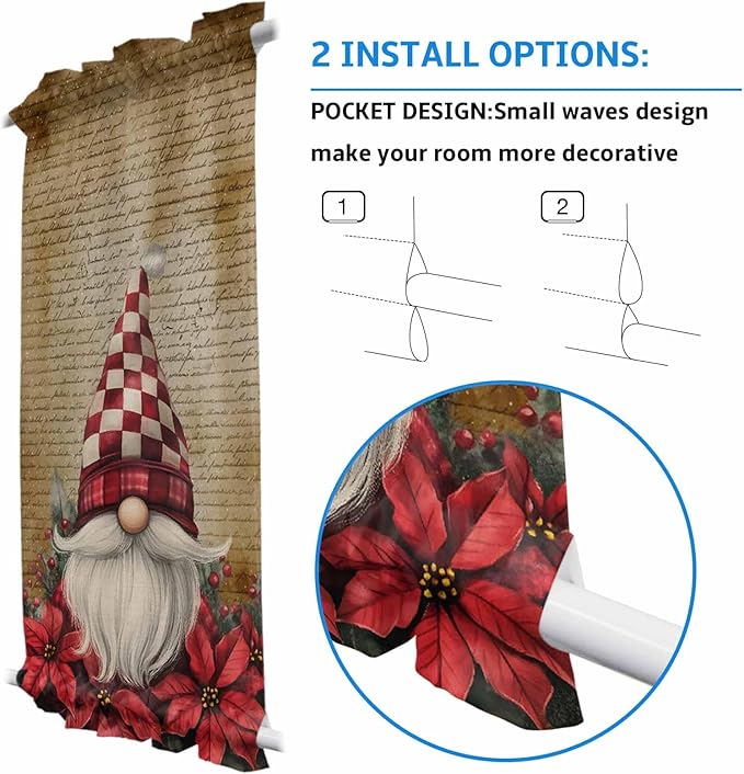 Christmas French Door Curtain Panel for Front Door, Vintage Letter Paper Xmas Dwarf Poinsettia Slidelight Door Curtains with Tieback Light Filtering Privacy Panels for Doorway Entryway 25"x 40"