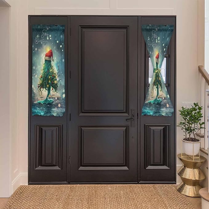 Christmas French Door Curtain Panel for Front Door, Sea Marine Life Christmas Tree Hair Slidelight Door Curtains with Tieback Light Filtering Privacy Panels for Doorway Entryway 25"x 40"