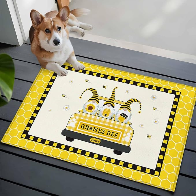 Honey Gnomes Entryway Rug 2'x3', Bees Hive Sunflower Truck Small Area Rug Non-Slip Front Door Mat Washable Floor Carpet for Indoor Entrance Kitchen Bathroom