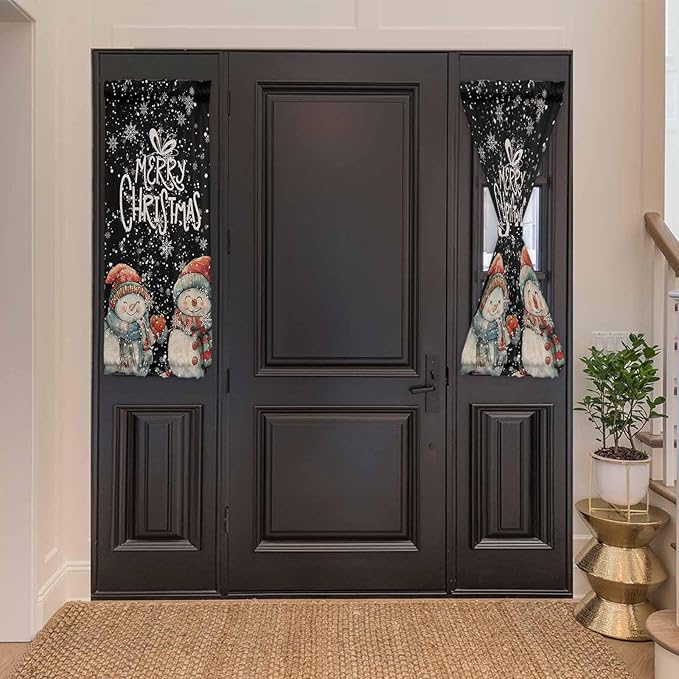 Christmas French Door Curtain Panel for Front Door, Vintage Black Winter Christmas Smiling Snowmen Slidelight Door Curtains with Tieback Light Filtering Privacy Panels for Doorway Entryway 25"x 40"