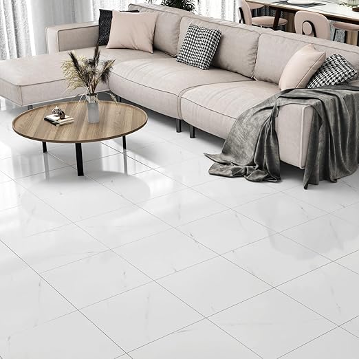Wallercity White Marble Peel and Stick Vinyl Floor Tiles 6-Pack 12x12 Inches Self Adhesive Waterproof Flooring Planks for Bathroom Kitchen Bedrooms Stick on Floor Tiles Laminate Sheets Vinyl Flooring