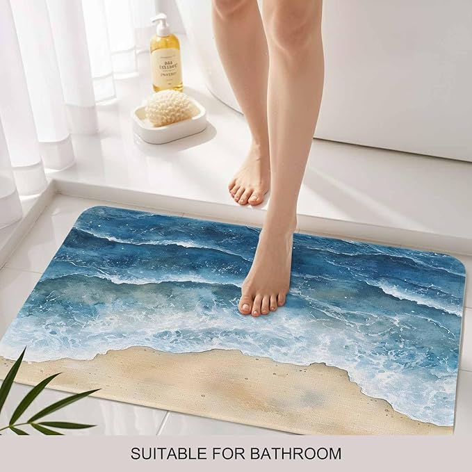 Abstract Waves Doormat Blue Ocean Spray Beach Watercolor Non Slip Low Profile Rubber Door Mat Washable Absorbent Indoor Front Door Mat Entryway Rug Entrance Carpet 18x30 Inch
