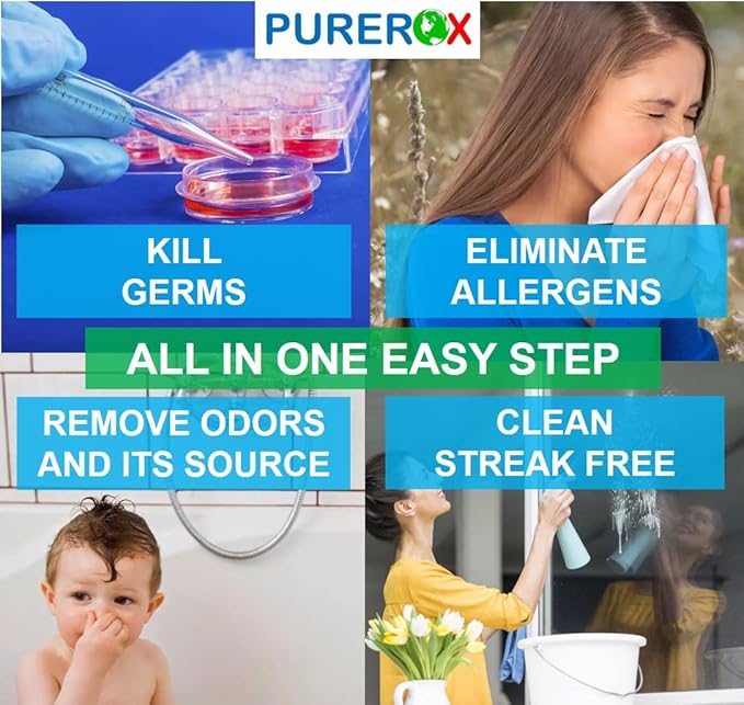 PUREROX disinfectant (16oz, 3pk) Eliminate 99.9999% bacteria, viruses norovirus, and bloodborne pathogens, and fungi Hypochlorous. No Rinse. Suitable for All Surfaces.