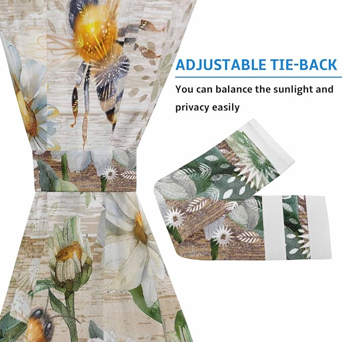 French Door Curtain Panel for Front Door, Retro Country Style Wood Grain Flower Plant Daisy Bee Slidelight Door Curtains with Tieback Light Filtering Privacy Panels for Doorway Entryway 25"x 40"