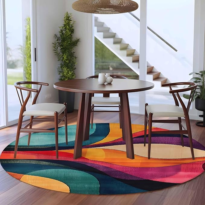 Minimalist Art Round Rug 5 Ft, Abstract Yellow Blue Color Block Line Circle Area Rugs Washable Non Slip Indoor Floor Mats Carpet for Living Room Bedroom Dining Room Home Decor