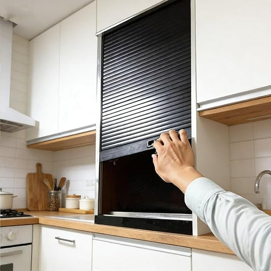 Black ABS Kitchen Cabinet Tambour Door,Wxh_16x38 (40.6x96.5cm) Flexible Roll Up Partition Gate Window, Privacy Roller Door， Retractable Closet Doors with Track for Cupboard Vanity Cabinet
