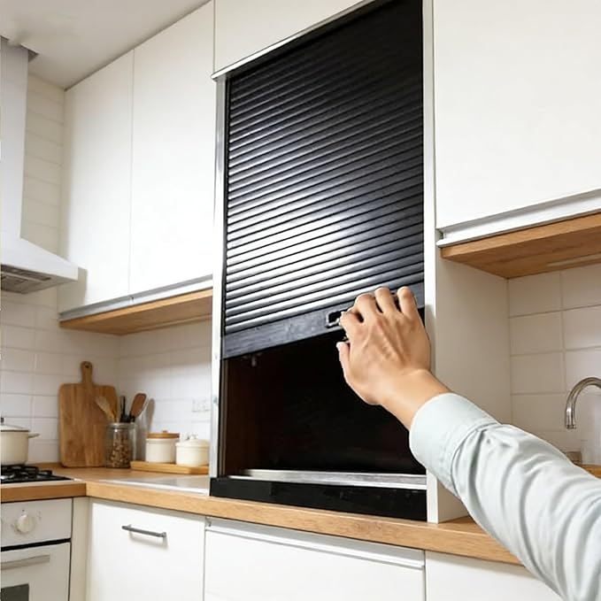 Black ABS Kitchen Cabinet Tambour Door,Wxh_34x20 (86.4x50.8cm) Flexible Roll Up Partition Gate Window, Privacy Roller Door， Retractable Closet Doors with Track for Cupboard Vanity Cabinet