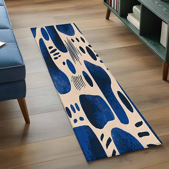 Modernism Runner Rug 2'x6', Blue Black Geometric Abstract Style Hallway Runner Rugs Washable Non-Slip Bedside Floor Mats Carpet for Kitchen Bedroom Laundry Room Bathroom