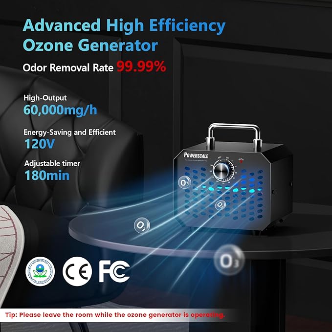 Powerscale Ozone Generator 60,000 mg/h, Compact, 10s Safety Evacuation, Precision Electronic Control, O3 Odor Eliminator for Home, Car, Pet Smell, and Basement up to 2600 Sq.Ft - OZA1, Black