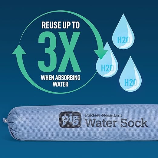 PIG Mildew-Resistant Absorbent Sock | Water Absorbing Snake | 3" W x 10' L | Absorbs up to 2.5 gal per Sock | 2 Count | PM50638