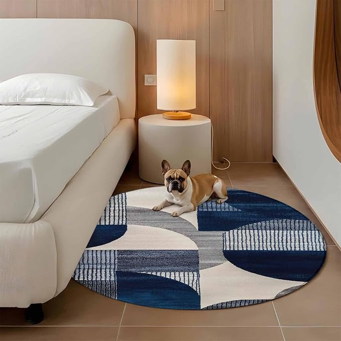 Modernism Round Rug 6 Ft, Blue White Geometric Abstract Design Circle Area Rugs Washable Non Slip Indoor Floor Mats Carpet for Living Room Bedroom Dining Room Home Decor
