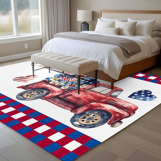 Red Truck USA Flag Stars 8'x10' Large Area Rugs, God Bless America Washable Area Rugs Non-Slip Indoor Floor Mats Large Carpet for Living Room Bedroom Dining Room