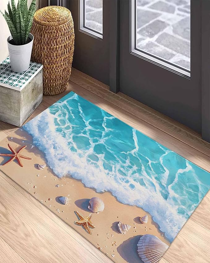 Front Door Mat Indoor Outdoor Summer Watercolor Ocean Beach Non-Slip Doormat Low Profile Patio Porch Entryway Rug 16x24in Marine Starfish Shell Spray