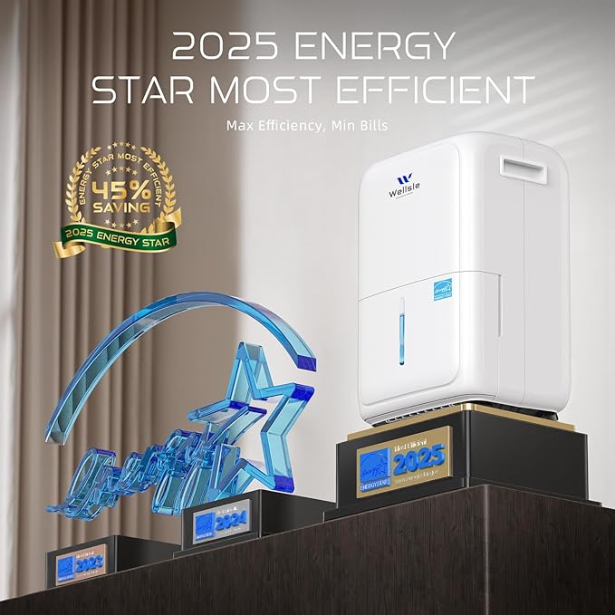 Most Efficient Energy Star Dehumidifier, Wellsle Smart Dehumidifier for Basement and Home, Humidity Adjustment with 0.4 Gal Water Tank and Drain Hose 34dB Quiet Operation for Bedroom (52 Pints)