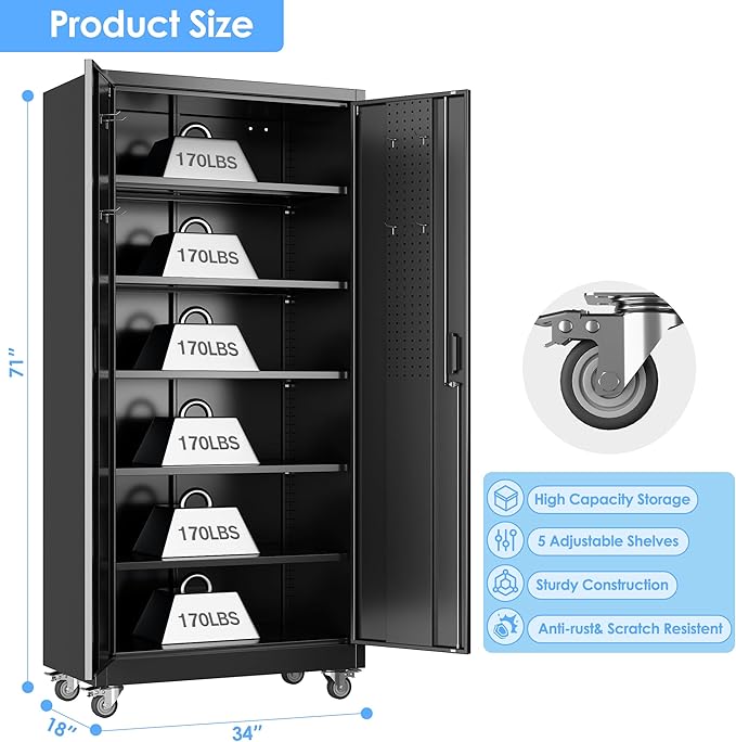 Reemoon Garage Storage Cabinet with Wheels, Metal Storage Cabinet with 5 Adjustable Shelves and Pegboard for Garage Home Utility Room,Required Assembly,Black，71" H×34" W×18" D