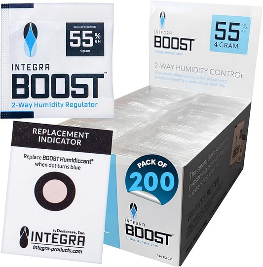 Integra Boost 55% RH Level - 4 Gram Size - Two-Way Humidity Control Pack - Incl. Replacement Indicator Cards - Food Storage & Herbs Moisture Balancer for Up to 1/2 oz (Pack of 200)