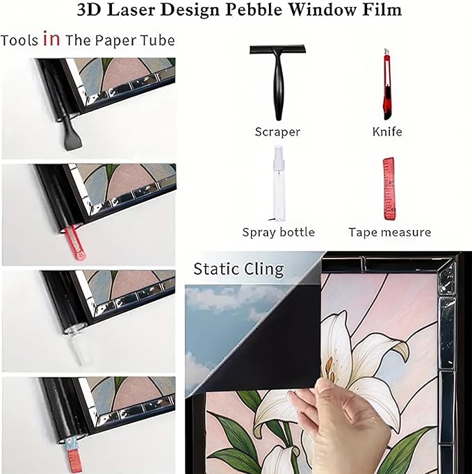 White Lily Privacy Film Stained Glass Style Static Cling No Glue Decorative Panel Light Filtering Cover for Door Window Bedroom Entryway 17.7x39.3 inch