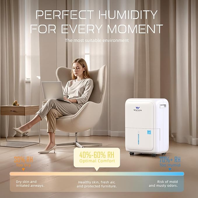 Most Efficient Energy Star Dehumidifier, Wellsle Smart Dehumidifier for Basement and Home, Humidity Adjustment with 0.4 Gal Water Tank and Drain Hose 34dB Quiet Operation for Bedroom (52 Pints)
