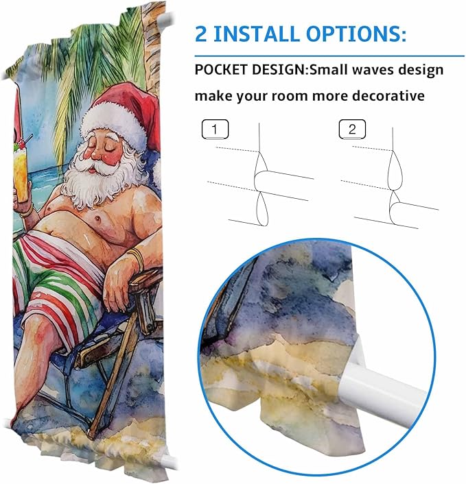 Christmas French Door Curtain Panel for Front Door, Merry Christmas Santa Claus Coconut Tree Slidelight Door Curtains with Tieback Light Filtering Privacy Panels for Doorway Entryway 25"x 40"