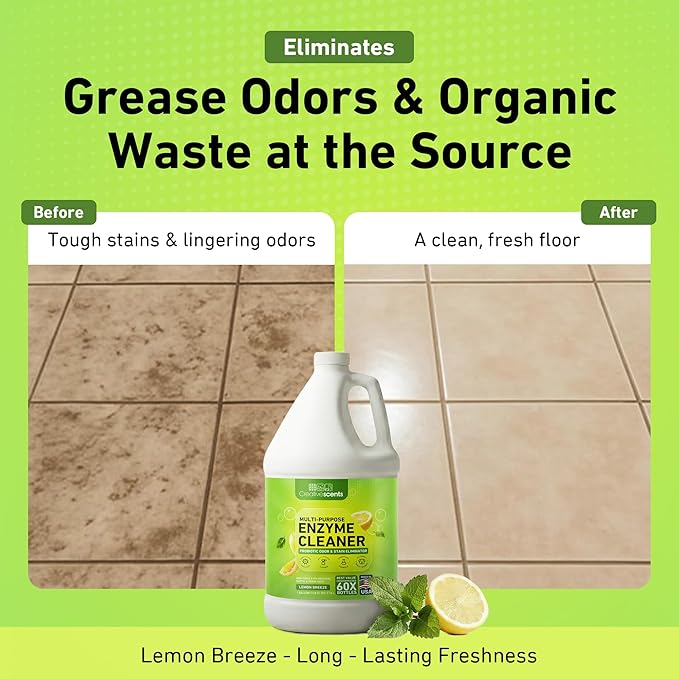Creative Scents Multipurpose Enzyme Cleaner & Odor Remover | Super Concentrated for Floor, Carpet, Drain | Pet Urine Odor Eliminator | Enzyme Cleaner for Cat Urine & Dog Poop | 1 Gallon - Lemon Breeze