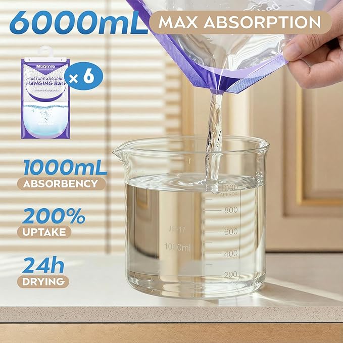 Hanging Moisture Absorbers 6 Pack Net Wt. 17.5oz/Pack, Lavender Fragrance Closet Dehumidifier Bags, Odor Eliminator & Humidity Absorber, Humidity Packs for Bathroom, Bedroom, Basement, Car, RV & Boat