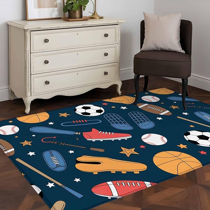 Cartoon Sports Area Rugs 2.7'x5', Baseball Soccer Basketball Rugby Sneakers Washable Area Rugs Non-Slip Indoor Floor Mats Carpet for Living Room Bedroom Dining Room