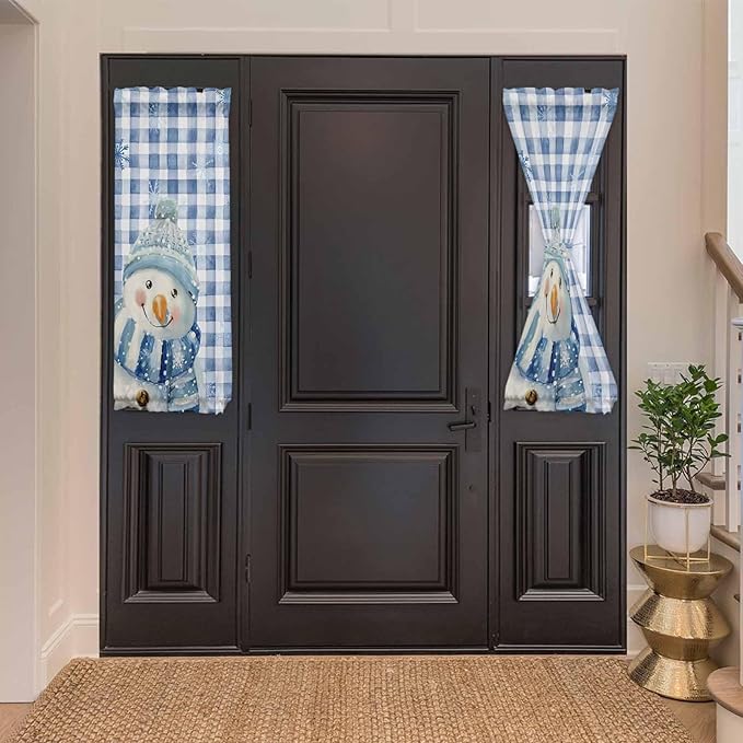Christmas French Door Curtain Panel for Front Door, Winter Smile Snowman Snowflake Classical Blue Plaid Slidelight Door Curtains with Tieback Light Filtering Privacy Panels for Entryway 25"x 40"
