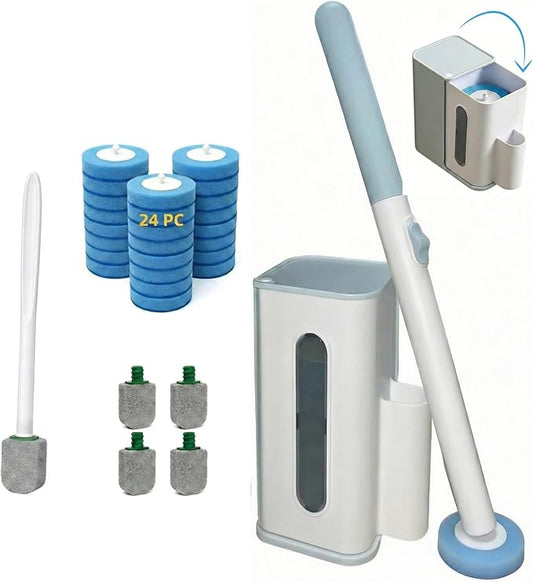 2-in-1 Toilet Cleaning Kit: Disposable Toilet Brush with 24 Refills & Pumice Stone Scrubber with 4 Stones, Wall Mounted Holder, No-Touch Cleaning for Toilets, Sink