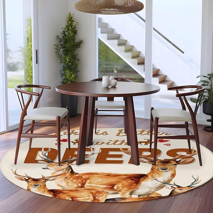 Beige Deer Large Round Rug 7Ft, Wildlife Animals Rustic Farmhouse Elk Rustic Farmhouse Circle Area Rugs Washable Non Slip Indoor Floor Mats Carpet for Living Room Bedroom Dining Room Home Decor