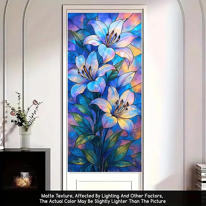Blue Purple Lily Privacy Film Stained Glass Style Static Cling No Glue Decorative Panel Light Filtering Cover for Door Window Studio 17.7x39.3 inch