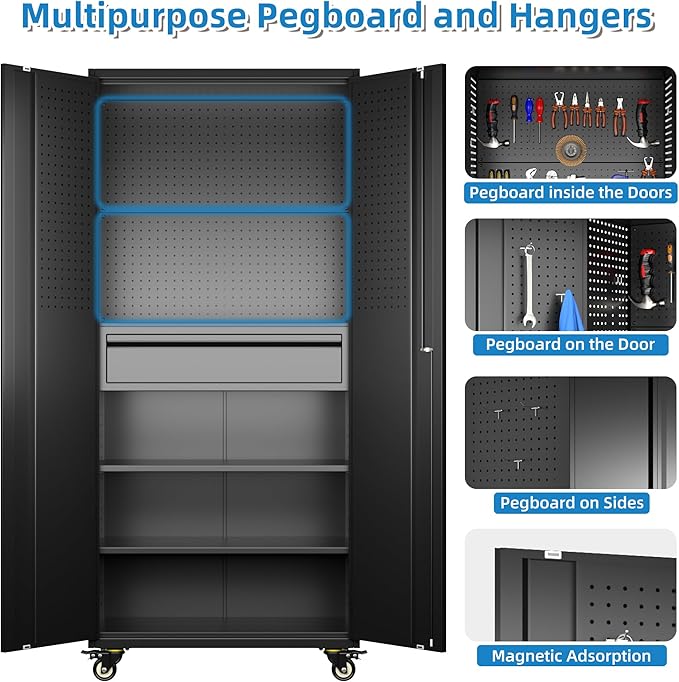 Reemoon Garage Storage Cabinet with Wheels and Doors,Lockable Metal Storage Cabinet with Drawer Pegboard and Hooks for Garage Warehouse Home,Required Assembly,Black,71" H×15" D×30" W