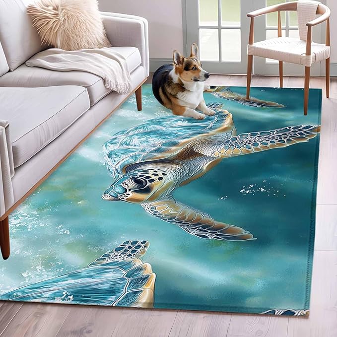 Marine Animal 3'x5' Area Rugs, Ocean Turtle Modern Art Abstract Style Washable Area Rugs Non-Slip Indoor Floor Mats Carpet for Living Room Bedroom Dining Room