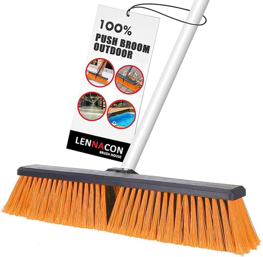 18" Push Broom Outdoor Heavy Duty, Snow Broom with Long Handle, Shop Broom Garage Push Broom for Garden, Patio, Garage, Bathroom, Kitchen, Tub, Carpet, Tile, Deck, Concrete, Industrial (Orange White)
