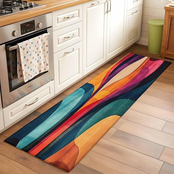 Minimalist Art Runner Rug 2'x6', Abstract Yellow Blue Color Block Line Hallway Runner Rugs Washable Non-Slip Bedside Floor Mats Carpet for Kitchen Bedroom Laundry Room Bathroom