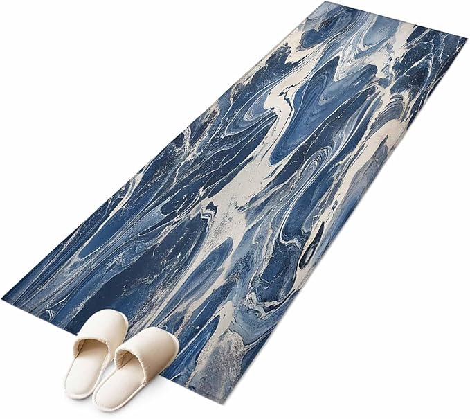 Impressionist Style Runner Rug 2'x6', White Blue Blurred Wash Hallway Runner Rugs Washable Non-Slip Bedside Floor Mats Carpet for Kitchen Bedroom Laundry Room Bathroom