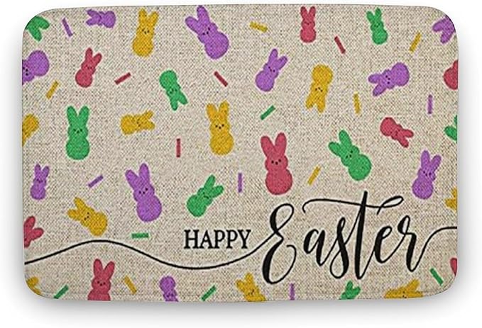 Happy Easter Easter Bunny Welcome Peeps Easter for Outdoor & Indoor Entrance Rustic Decor Non-Slip Dust Absorbent Front Soft Low Profile Doormat Easy to Clean 16x24 Inch