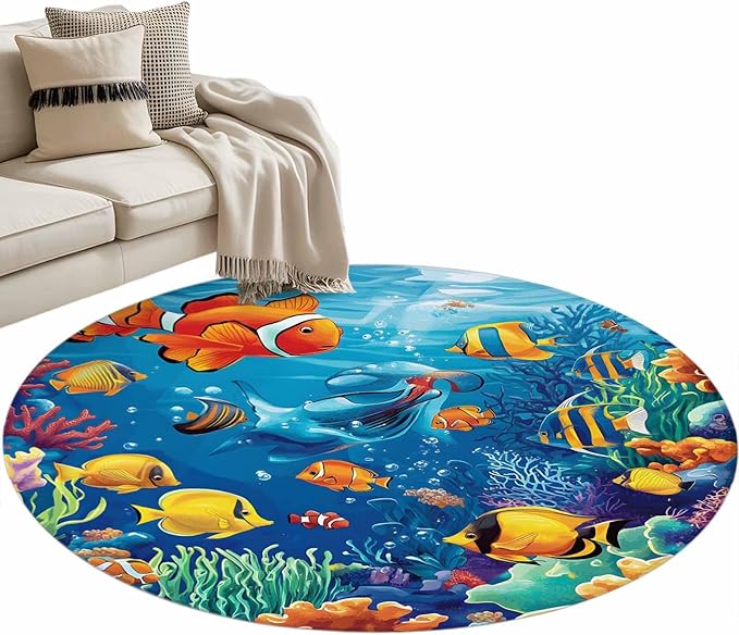 Ocean Marine Small Round Rug 3 Ft, Life Fish Coral Seagrass Underwater Coastal Area Rugs Washable Non Slip Indoor Floor Mats Circle Carpet for Living Room Bedroom Dining Room Home Decor