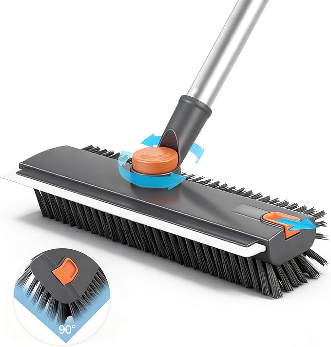 Floor Scrub V Brush with Long Handle 4 in 1 Silicone Scrape and Stiff Bristle Scrubber 360° Cleaning Brush with Tweezers for Shower Bathroom, Patio, Garage, Kitchen, Wall and Deck