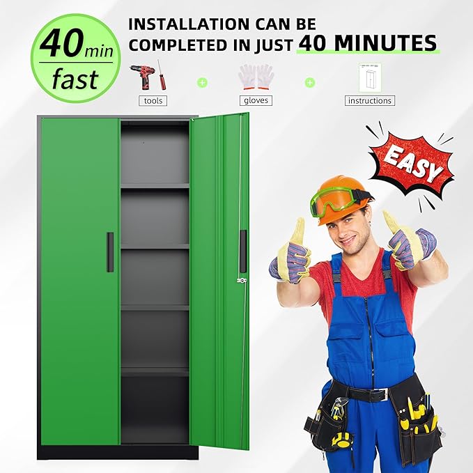 Bonusall 72" Metal Garage Storage Cabinet， Heavy-Duty Steel Cabinet with 2 Locking Doors & 5 Adjustable Shelves for Home, Office, or Workshop Organization(Black Green)