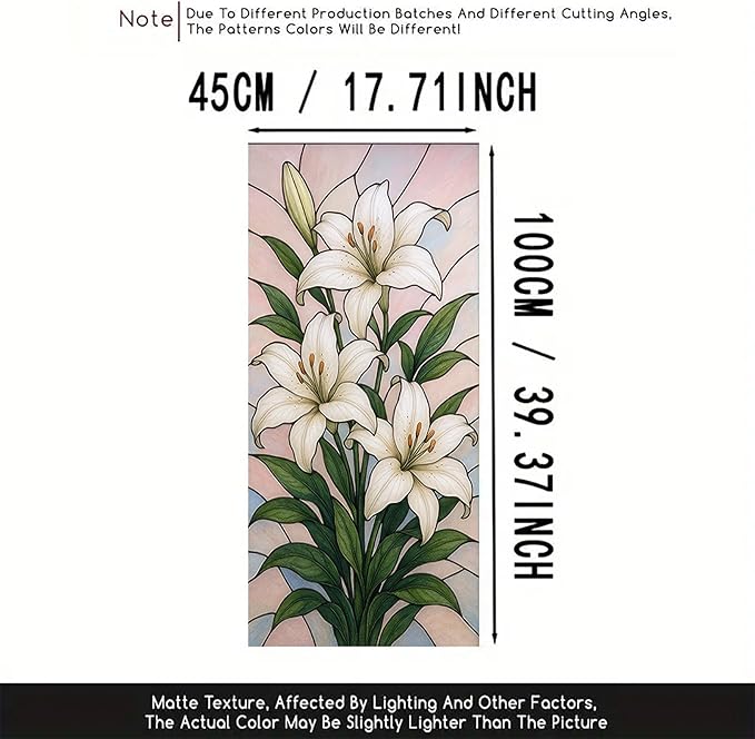 White Lily Privacy Film Stained Glass Style Static Cling No Glue Decorative Panel Light Filtering Cover for Door Window Bedroom Entryway 17.7x39.3 inch