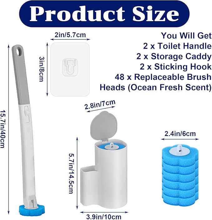 2 Pack Disposable Toilet Brush and Holder Set, Extended Handle Toilet Bowl Cleaner Wand with 48 Refills Replacement Heads Pads Bathroom Maintenance Bathtub Stick Cleaning System Starter Kit