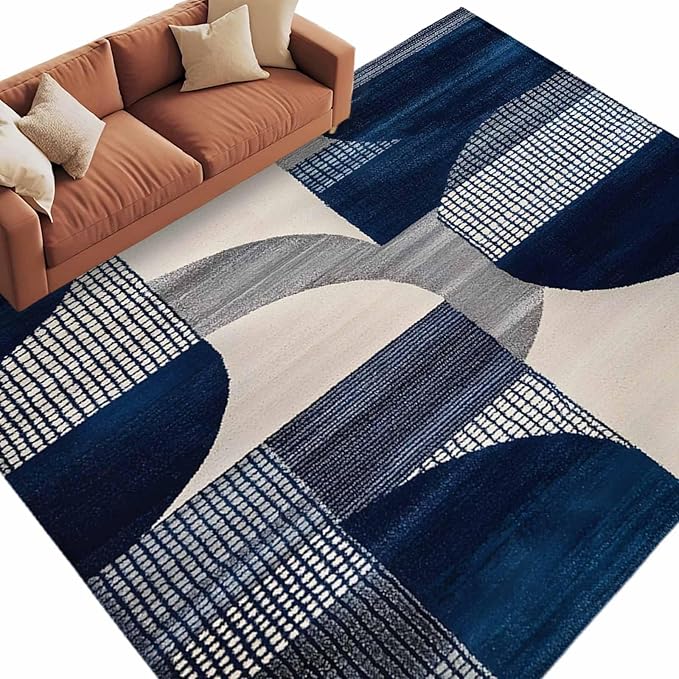 Modernism 8'x10' Large Area Rugs, Blue White Geometric Abstract Design Washable Area Rugs Non-Slip Indoor Floor Mats Large Carpet for Living Room Bedroom Dining Room