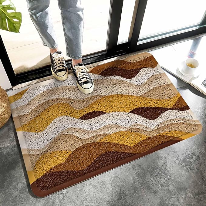 Welcome Door Mat Brown Orange Gradient Waves,Non-Slip Floor Doormat Outdoor Indoor Patio Rug Pad Ocean Spray,Heavy Duty Duraloop Mesh Dirt Mud Trapper for Entryway Kitchen