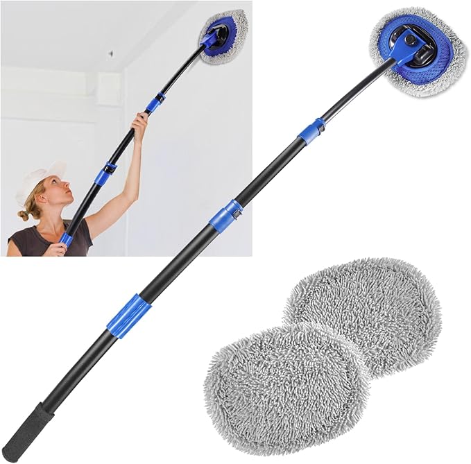Wall Cleaner Mop, Washer Mops with Long Handle for Cleaning Walls Baseboard Window High Cabinet Ceiling Floor, 15°Bend Labor-Saving Microfiber Dry Dust and Wet Wash Cleaning Mop with Replacement Pad