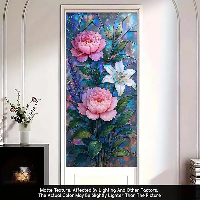 Peony Lily Window Film Dreamy Stained Glass Style Privacy Panel Static Cling No Glue Decorative Cover for Bedroom Door Studio Vanity 17.7x39.3 inch