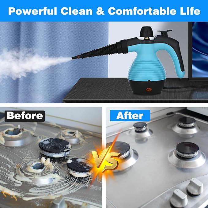 AORESAC Handheld Steam Cleaner, Multi-Purpose Steamer Pressurized Electric Steam Cleaner with Safety Lock and 9 Accessory Kit for Upholstery, Kitchen, Bathroom, Grout, Tile, and Floor Cleaning, Blue