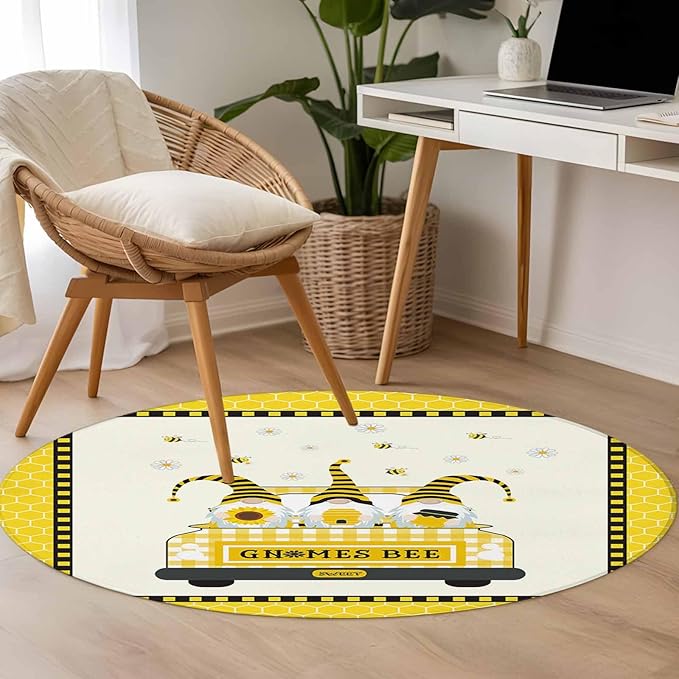 Honey Gnomes Small Round Rug 3 Ft, Bees Hive Sunflower Truck Area Rugs Washable Non Slip Indoor Floor Mats Circle Carpet for Living Room Bedroom Dining Room Home Decor