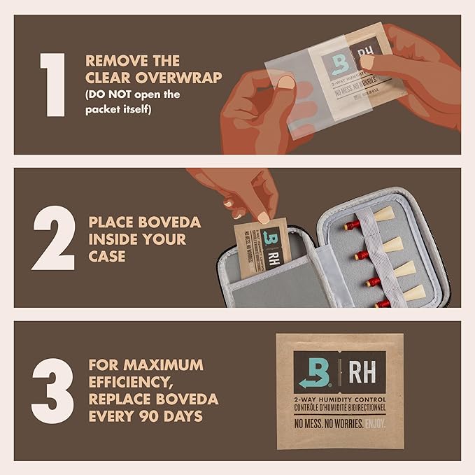 Boveda 72% Two-Way Humidity Control Packs for Woodwind Reeds – Size 8 – 2 Pack – Moisture Absorbers – Protects Against Drying & Splitting – Individually Wrapped Reed Humidifiers for Day-to-Day Storage