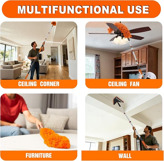 SISUPASSIE 26FT Reach Duster Cleaner Kit, Dusters for Cleaning with Extension Pole, Baseboard & Wall and Window Cleaner Mop for Fan Blades, High Ceiling and Cobweb
